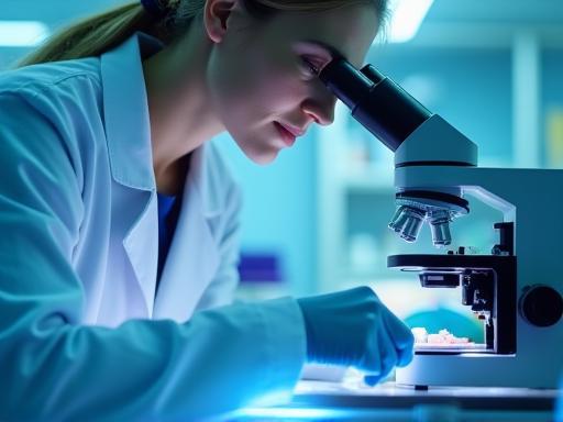 Scientist analyzing a sample under a microscope
